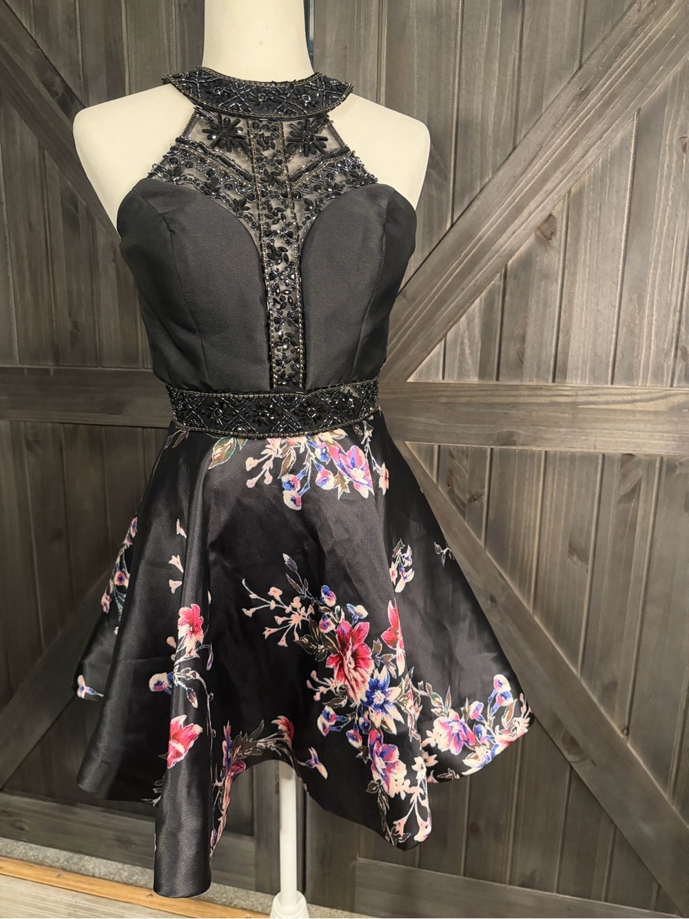 Black Floral Halter Prom Dress with Beaded Bodice